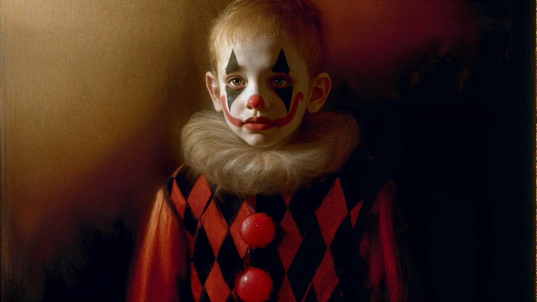 Young Boy in Clown Costume in Dimly Lit Setting