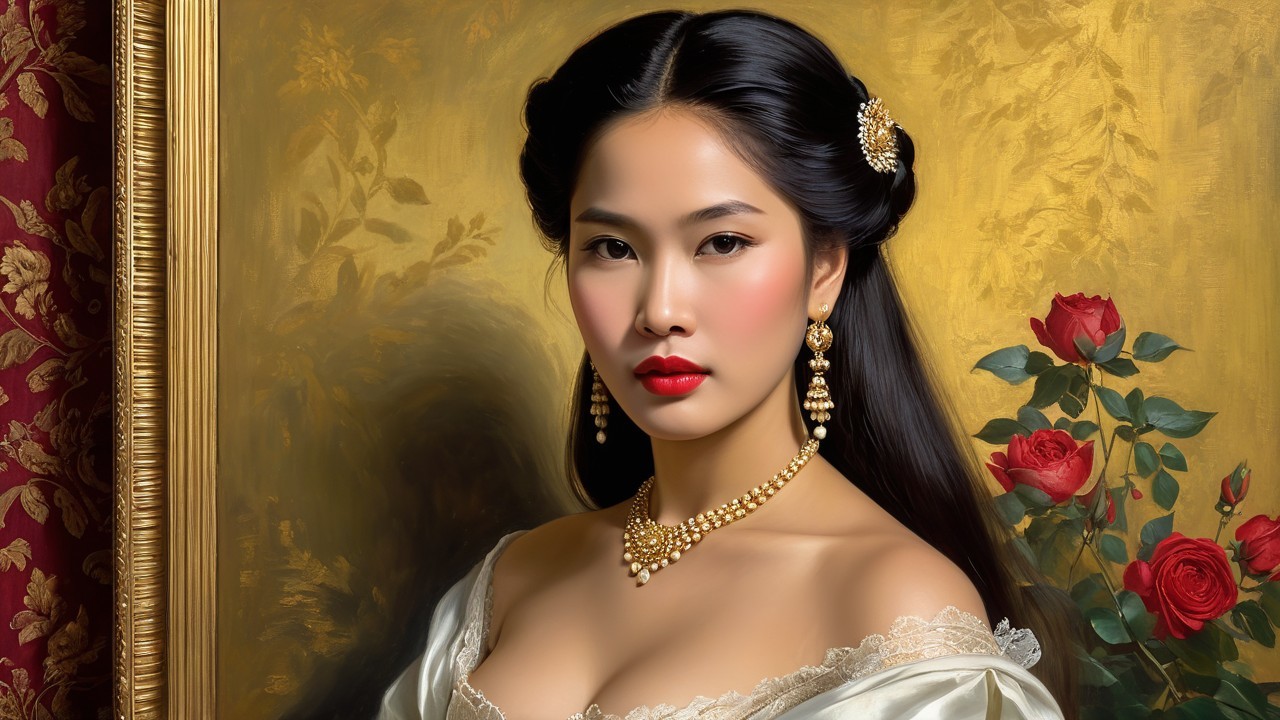 Elegant Woman in Lavish Gown with Floral Backdrop