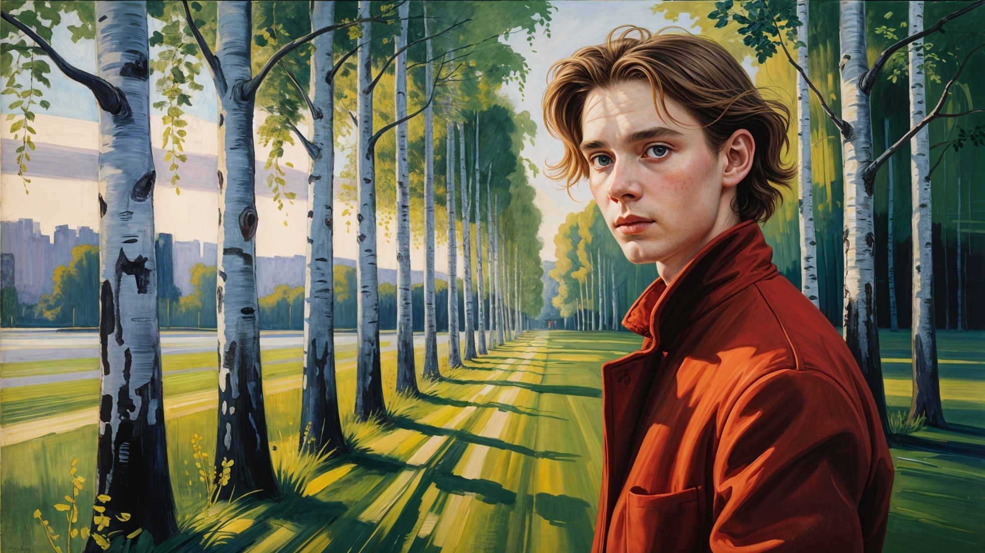 Young man in red jacket in sunlit park setting