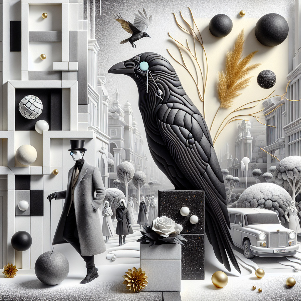 Surreal Artwork with Monochrome Crow and Victorian Figure