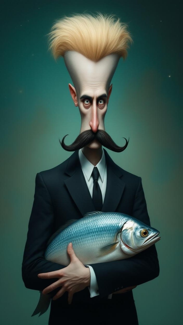 Whimsical Character in Formal Suit Holding Large Fish