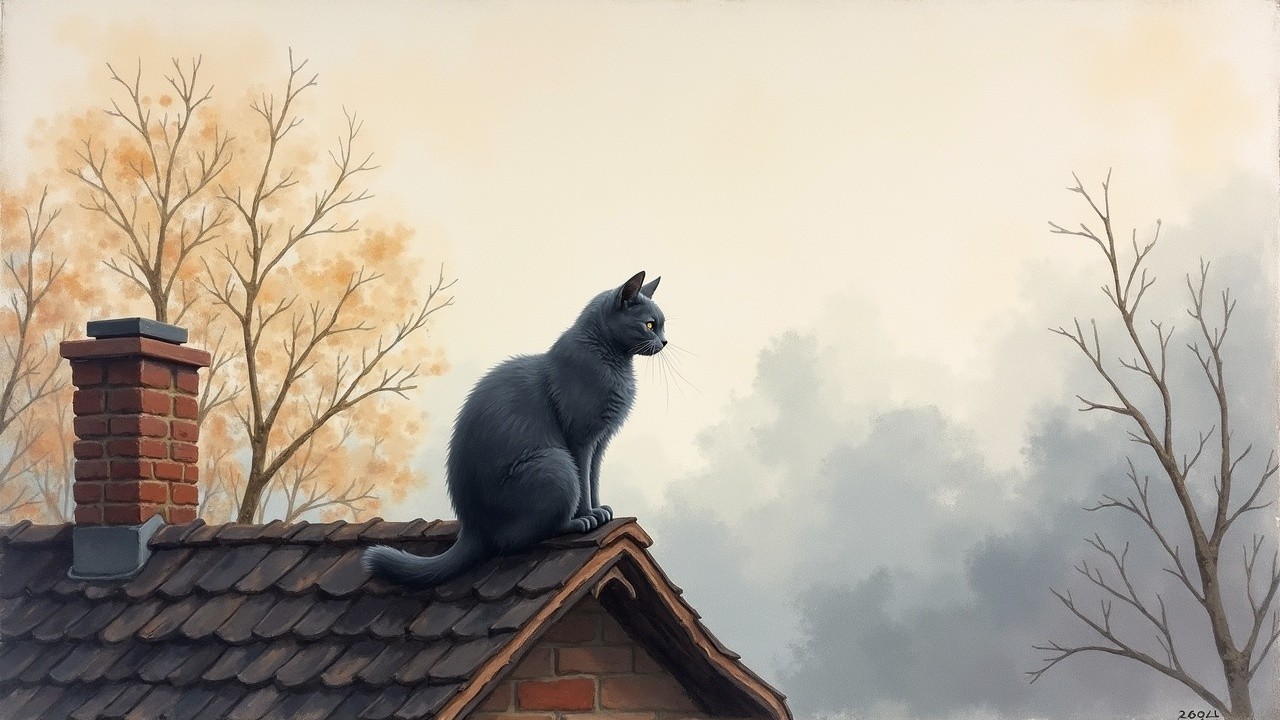 Serene Landscape with Gray Cat on Rustic Roof