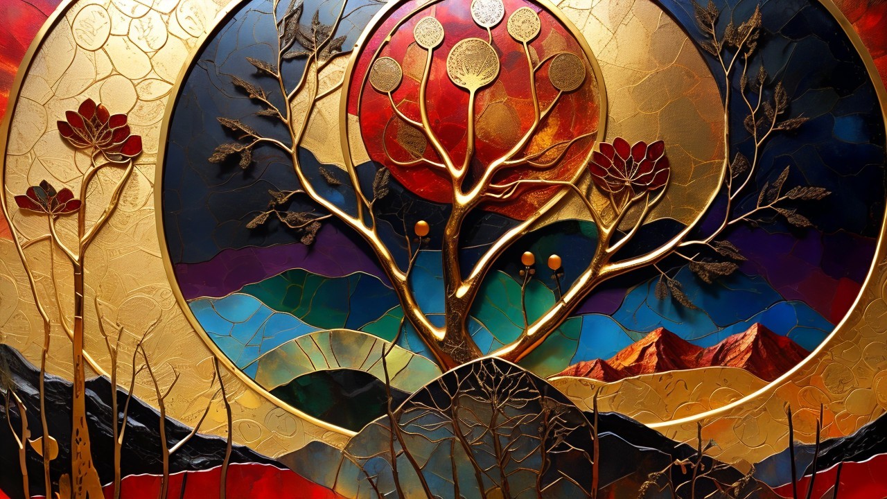 Vibrant Tree Design with Celestial Elements and Mountains