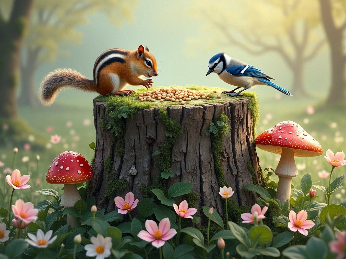Chipmunk and Blue Jay at a Moss-Covered Tree Stump