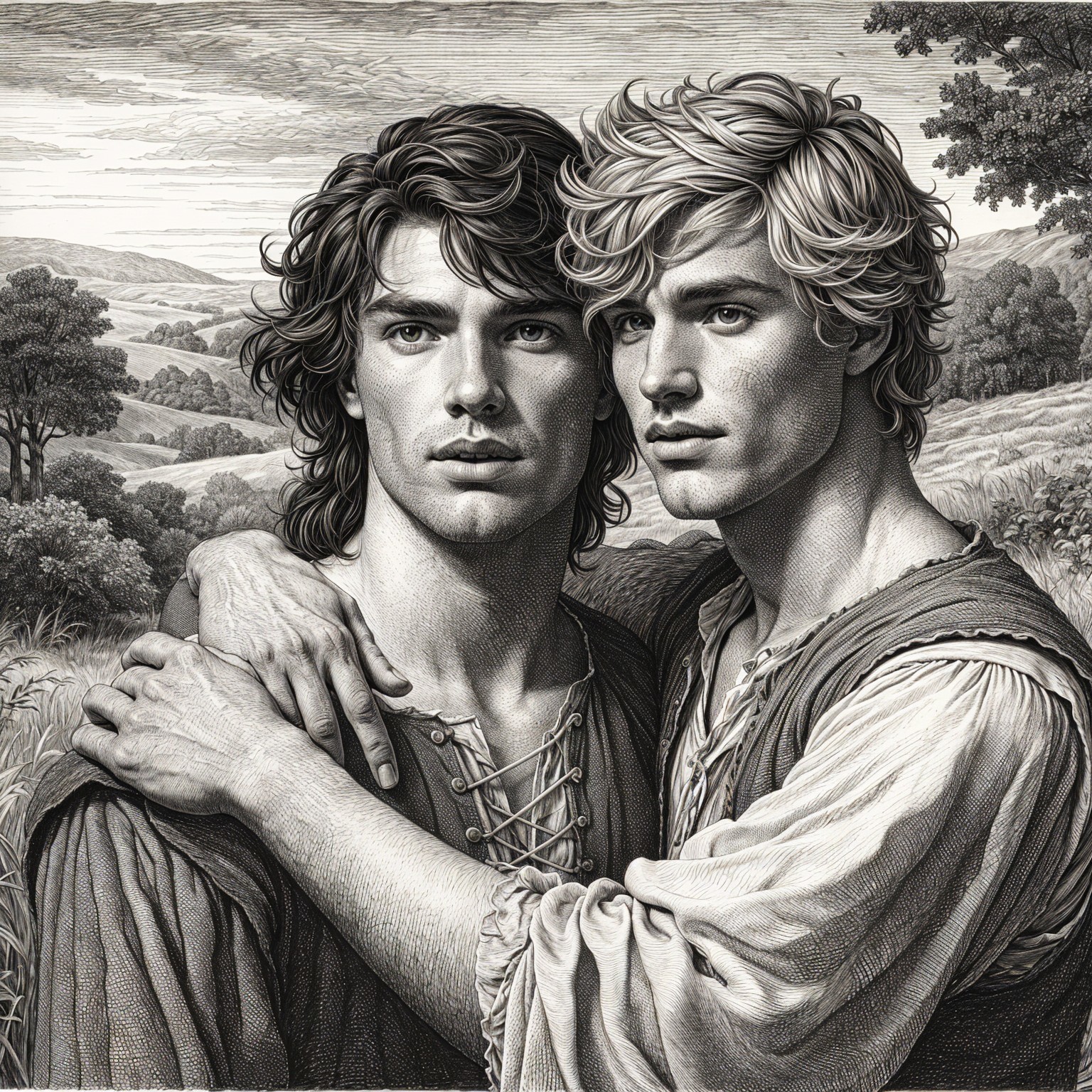 Young Men Embracing in a Scenic Landscape
