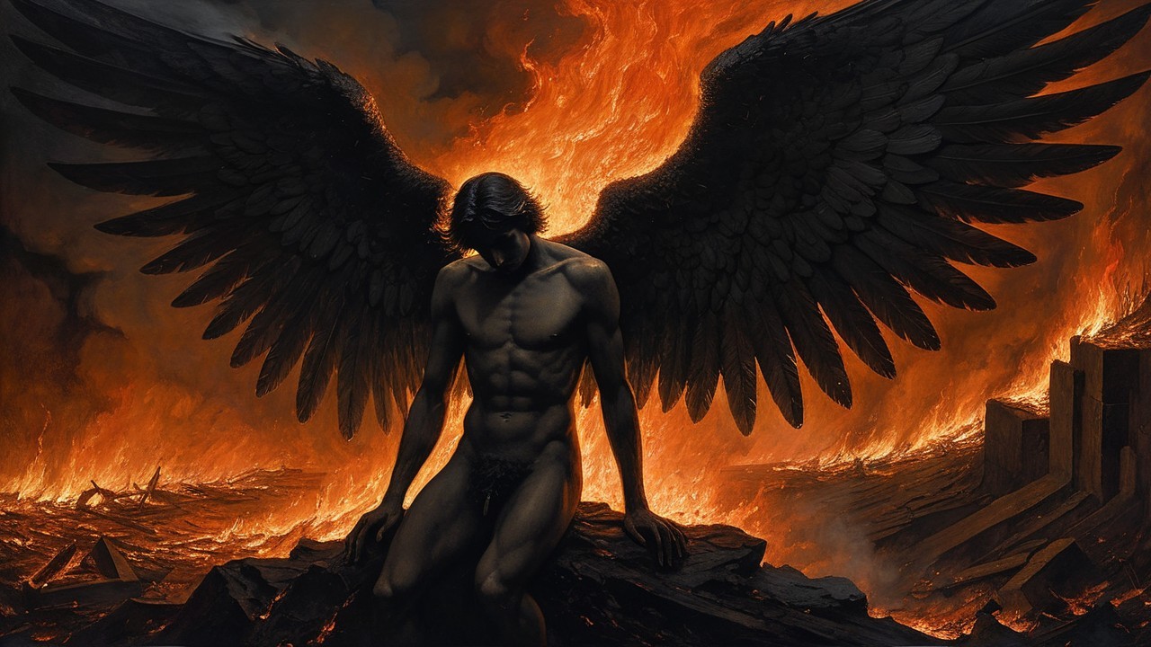 Powerful figure with dark wings in fiery landscape