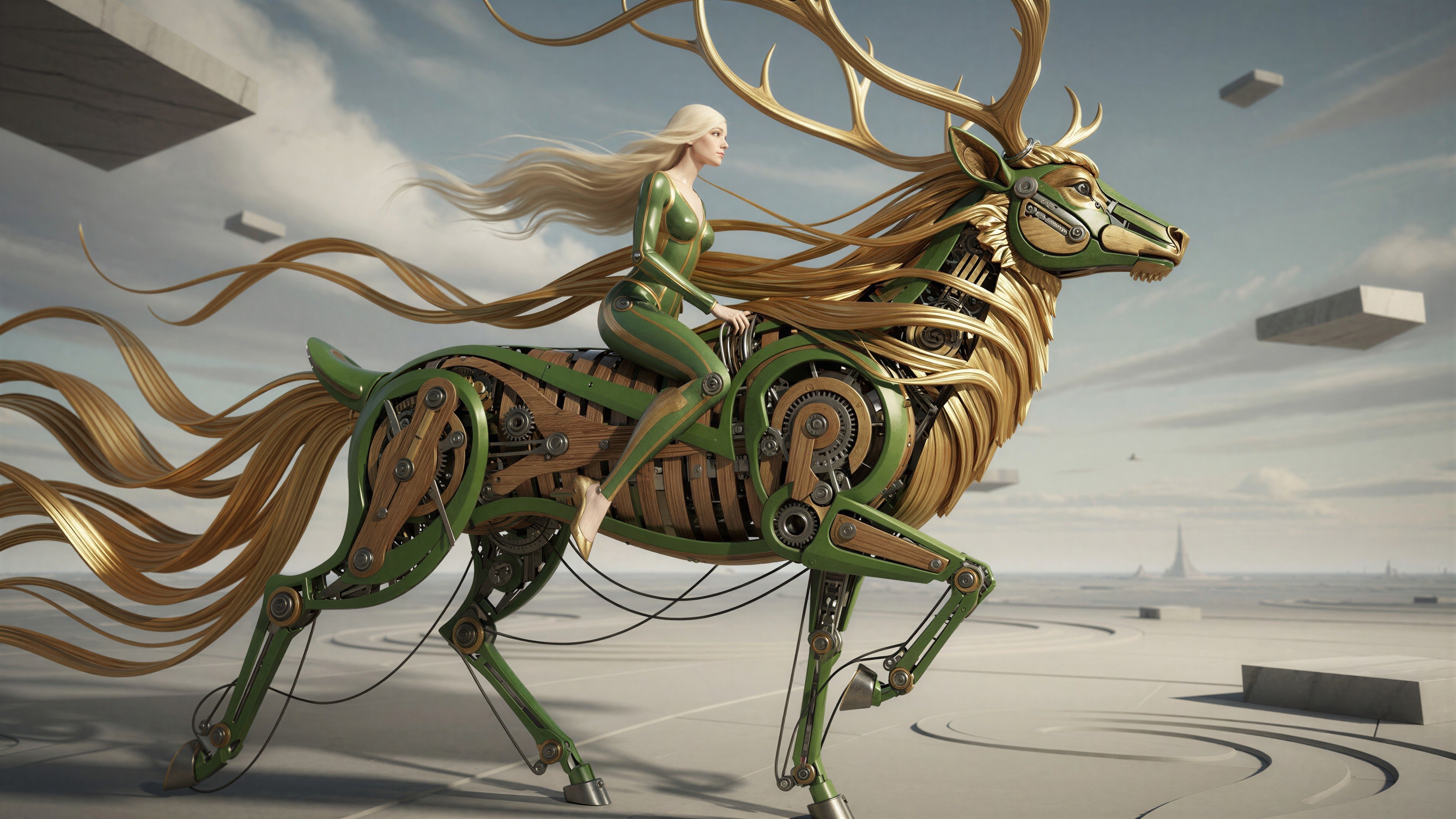 Blonde Cybernetic Woman on Mechanical Deer in Futuristic Landscape