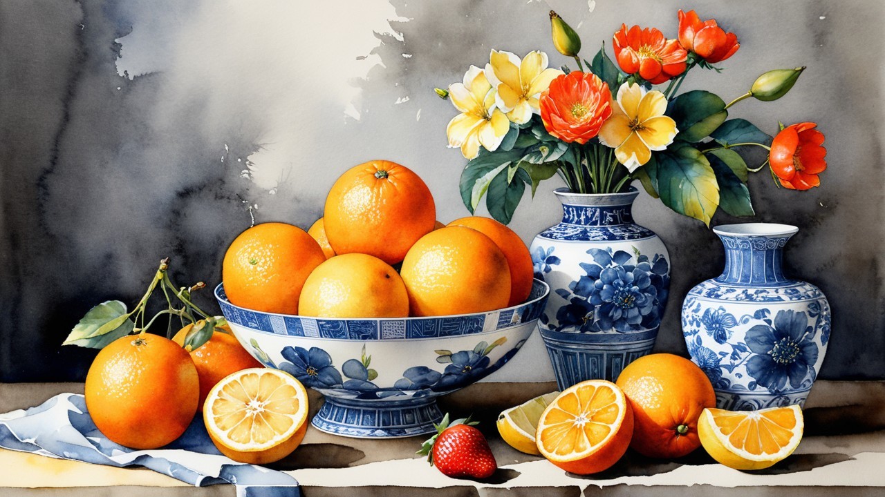 Cheerful Still Life with Bowl of Oranges and Flowers