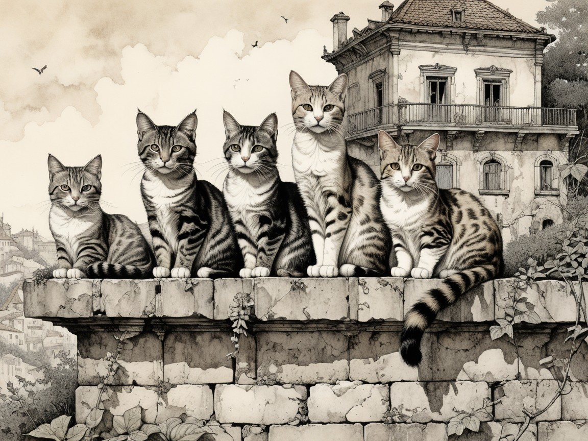 Five Tabby Cats on a Stone Wall Illustration