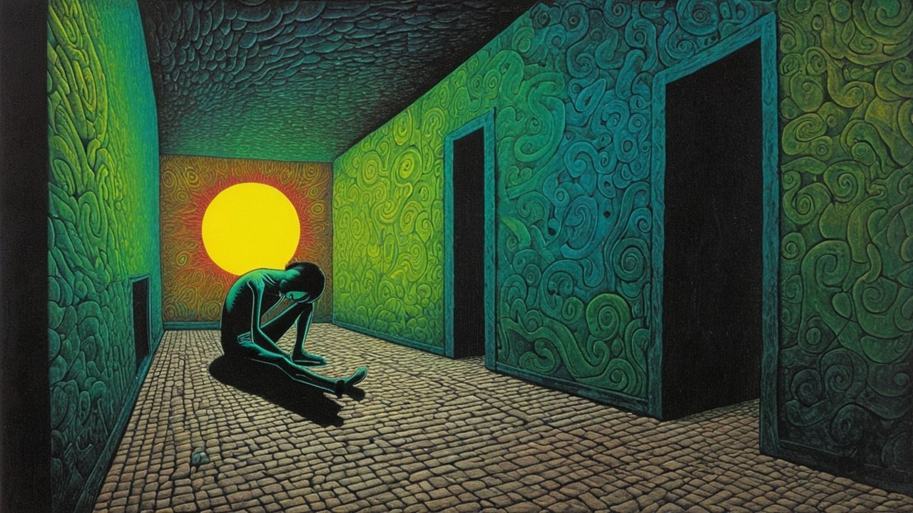 Surreal Room with Vibrant Colors and Solitary Figure