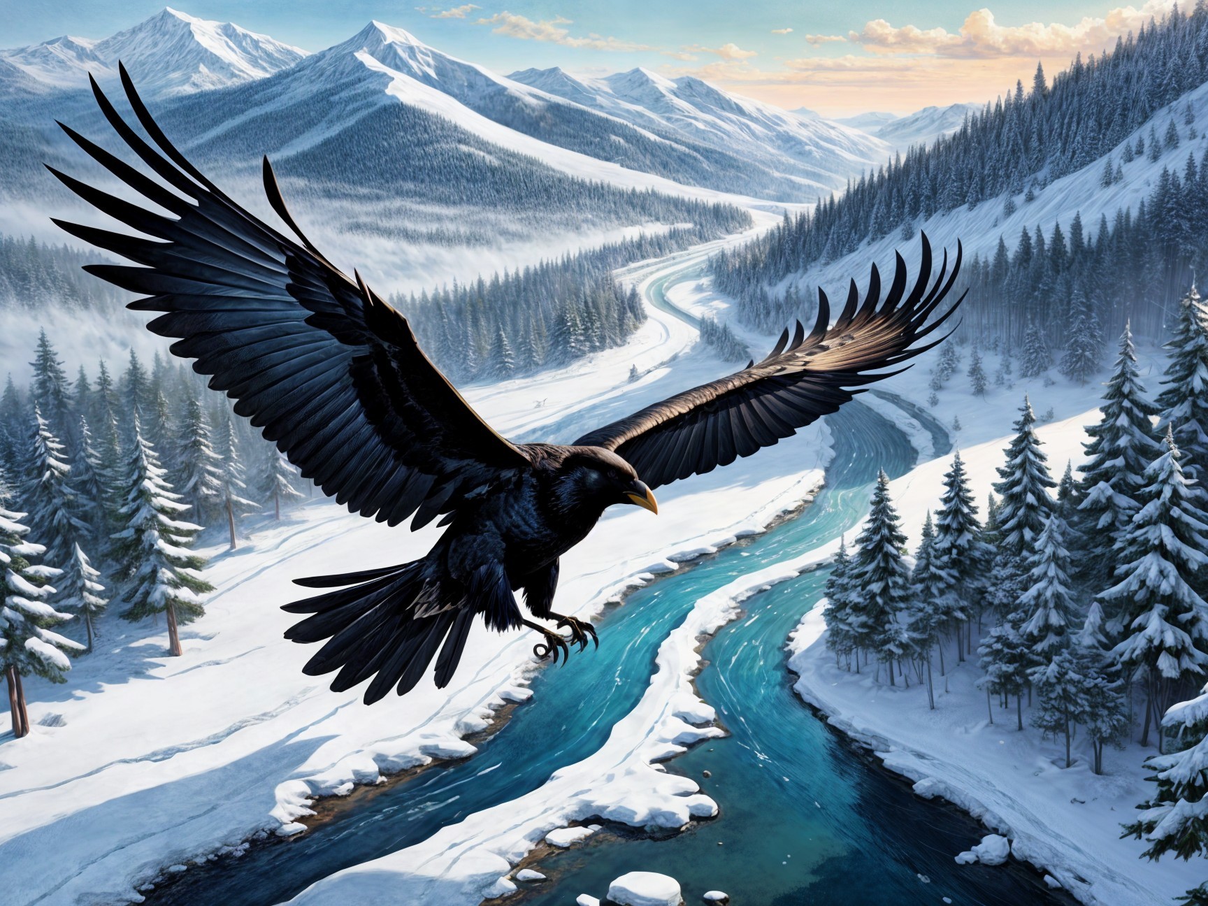 Eagle Soaring Over Winter Landscape with Mountains