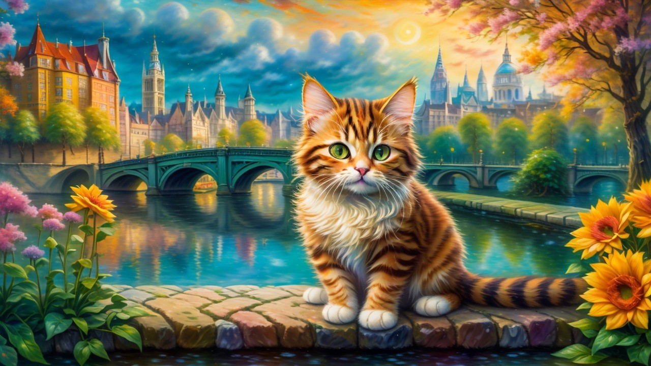 Tabby Cat by River with Cityscape and Sunset