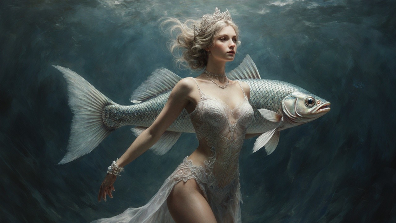 Mystical Underwater Scene with Ethereal Woman and Fish