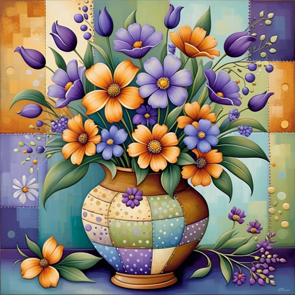 Colorful Bouquet in Patterned Vase with Pastel Background
