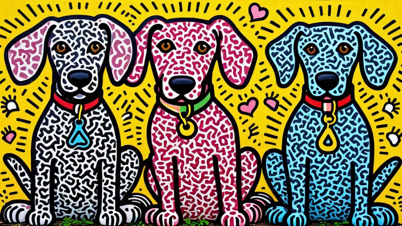 Colorful Cartoon Dogs on Bright Yellow Background