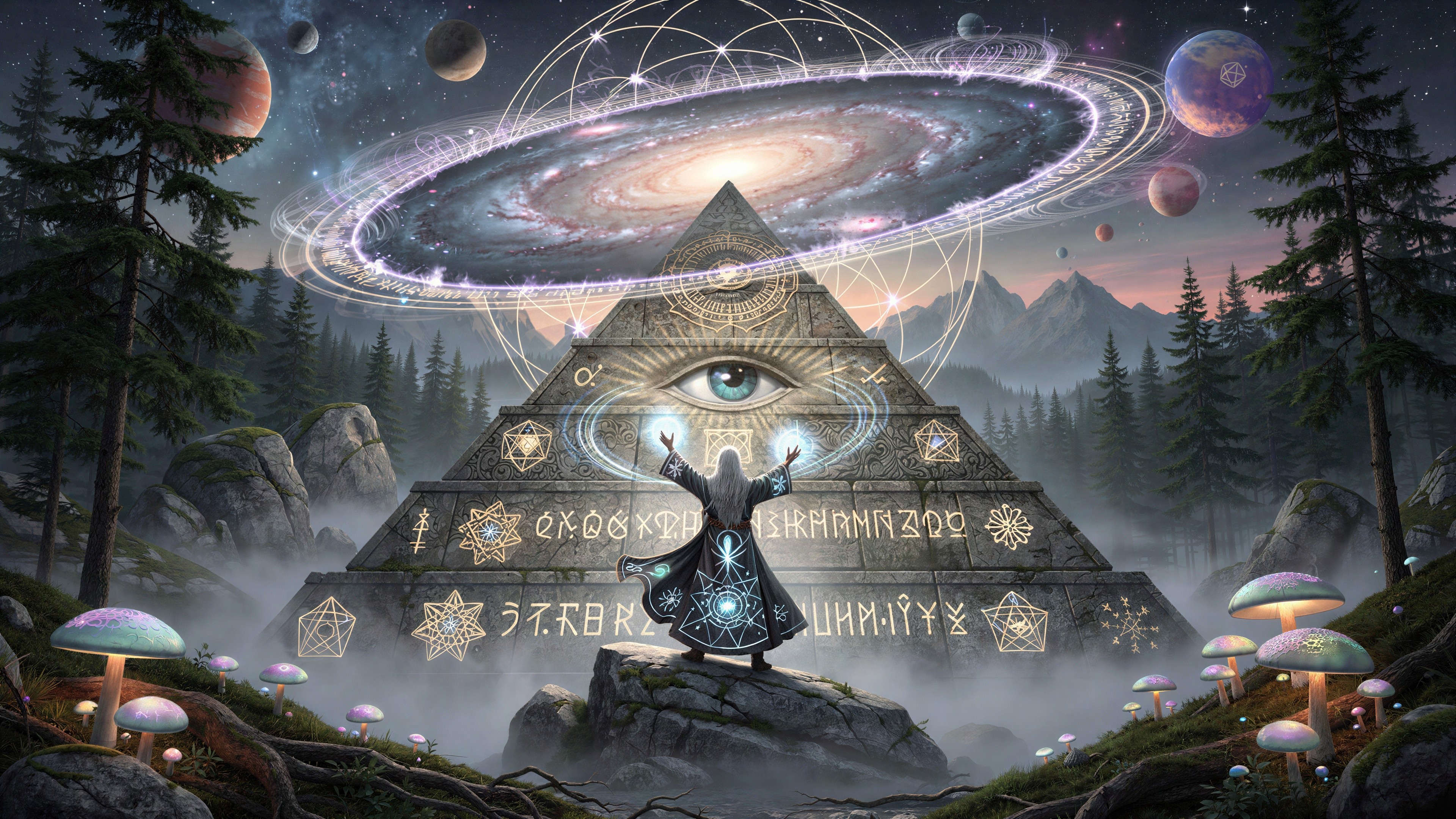 Mystical Pyramid with All-Seeing Eye in Foggy Forest