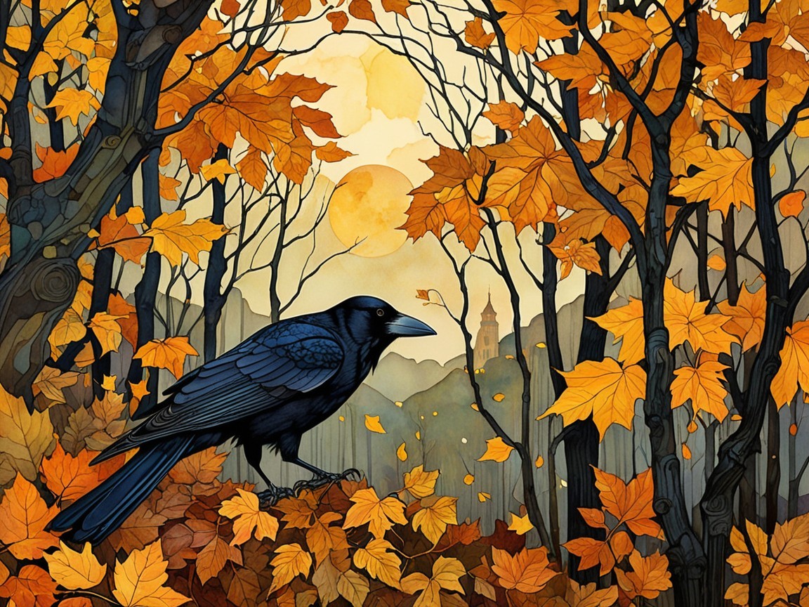 Raven Among Autumn Leaves and Misty Landscape