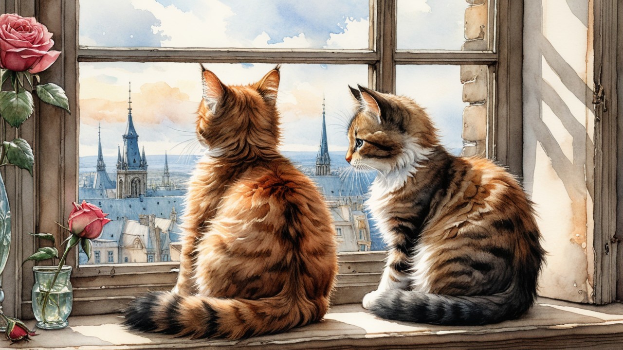 Fluffy Cats on Windowsill with Cityscape View