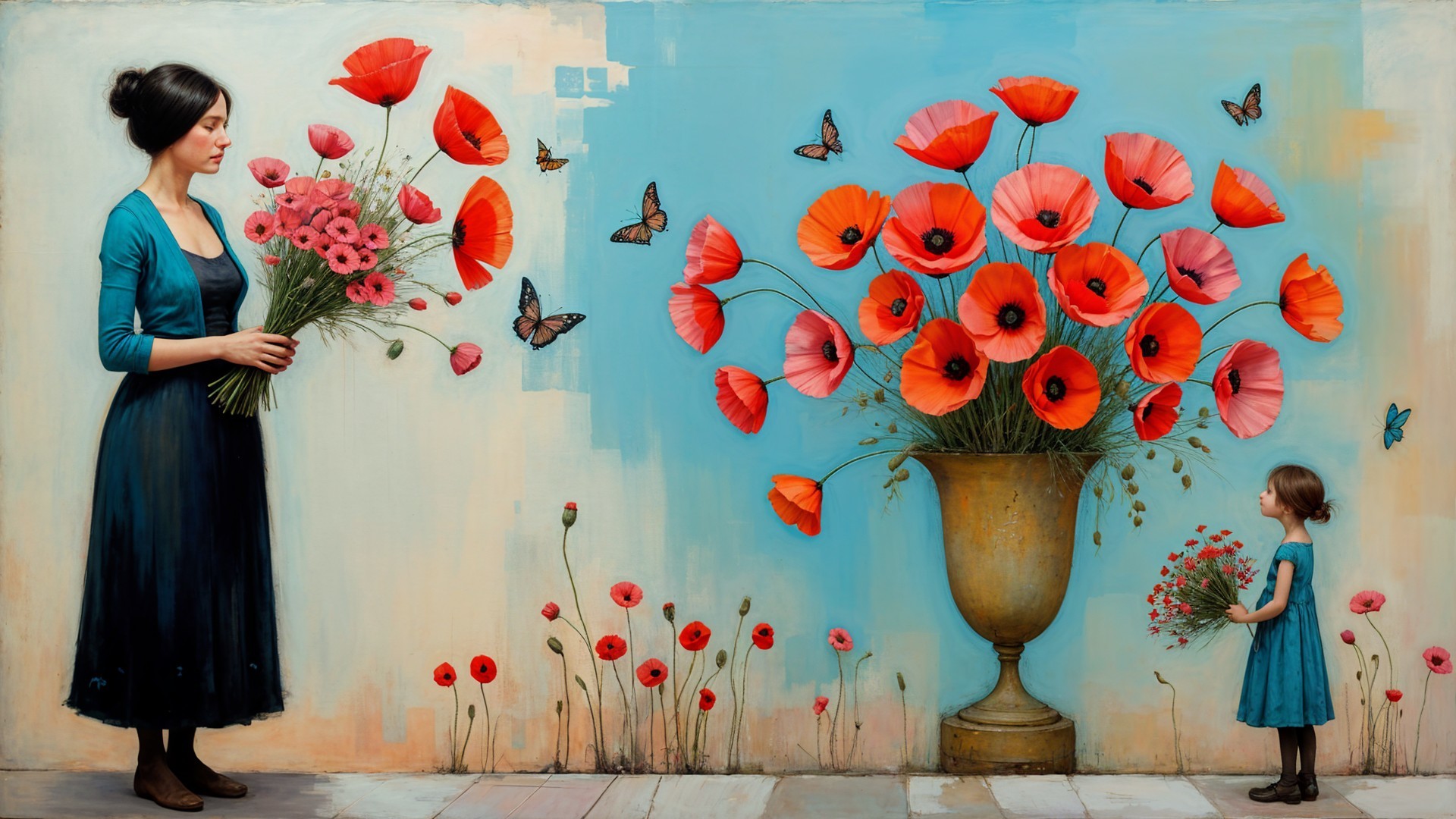 Serene Scene of Woman and Girl with Flowers and Butterflies