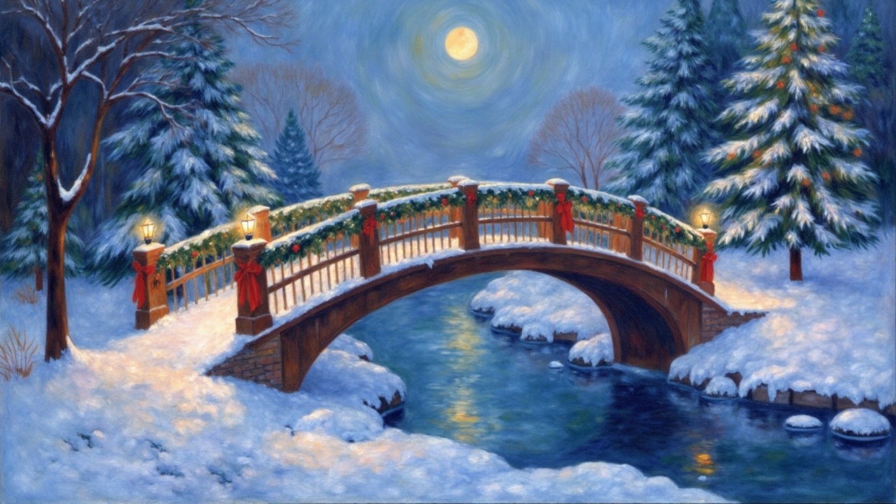 Snowy Bridge Over Reflective River in Winter Scene