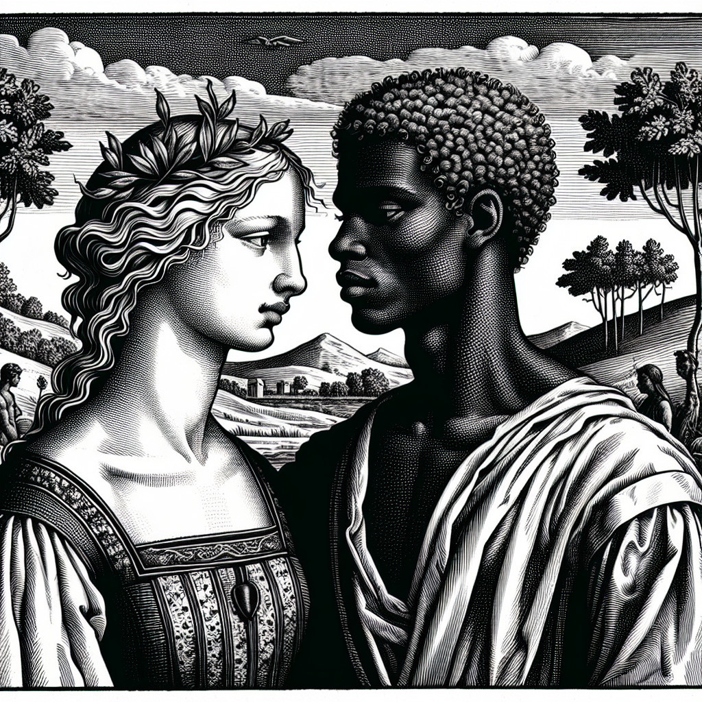 Black and white illustration of two figures in nature