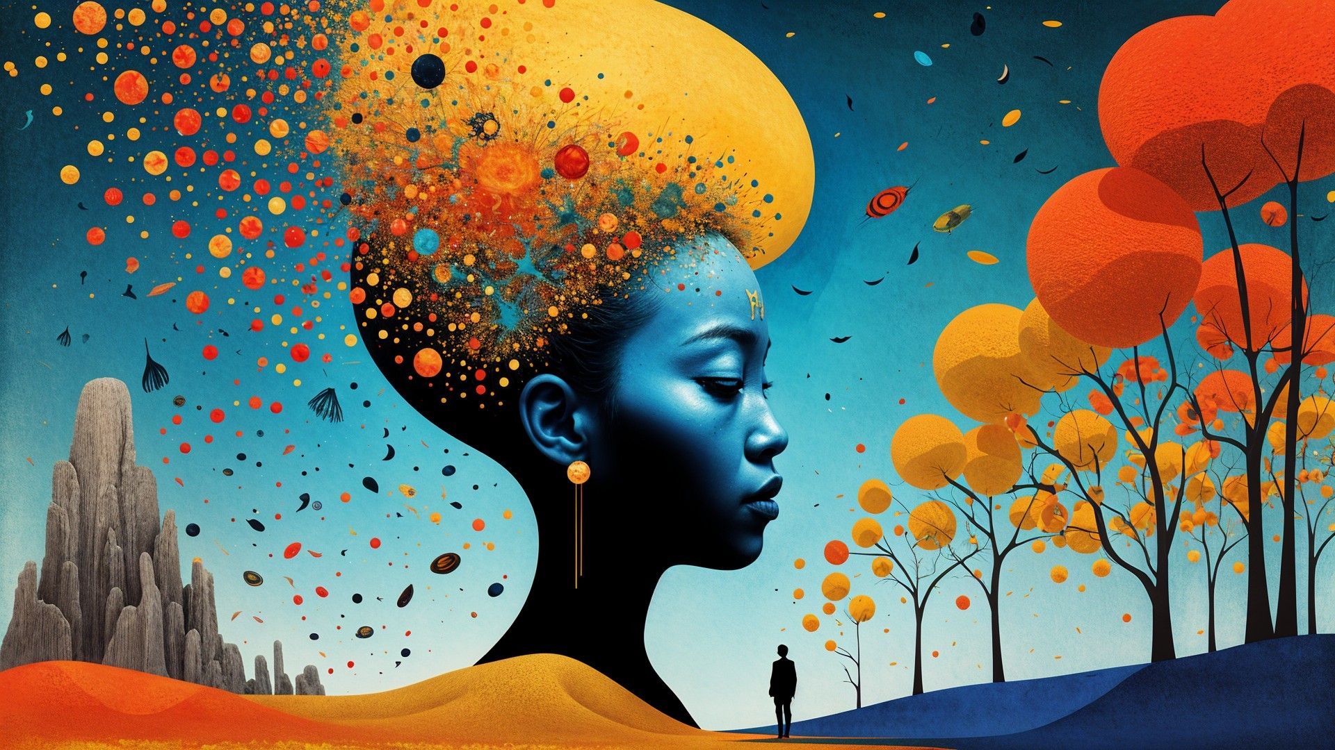 Surreal Illustration of a Woman with Colorful Hair