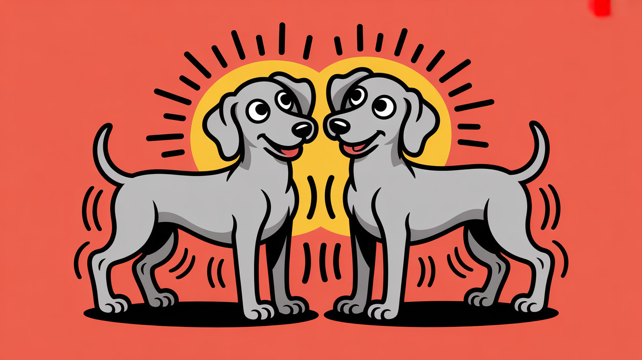 Cartoon Gray Dogs with Playful Expressions on Red背景