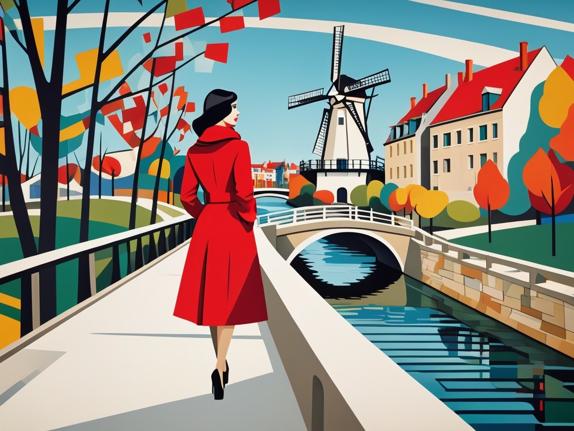 Woman in Red Coat by Autumn Canal with Windmill