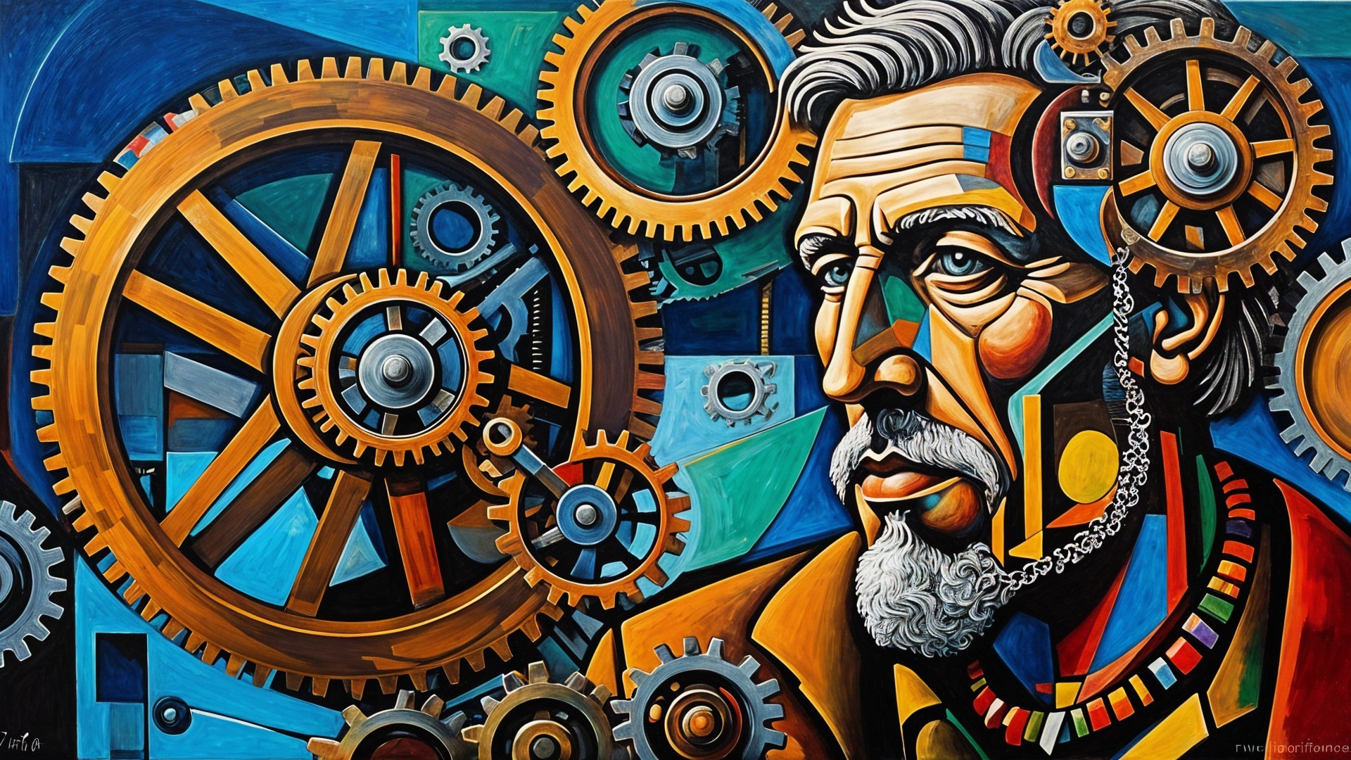 Abstract Portrait of an Older Man with Gears Background