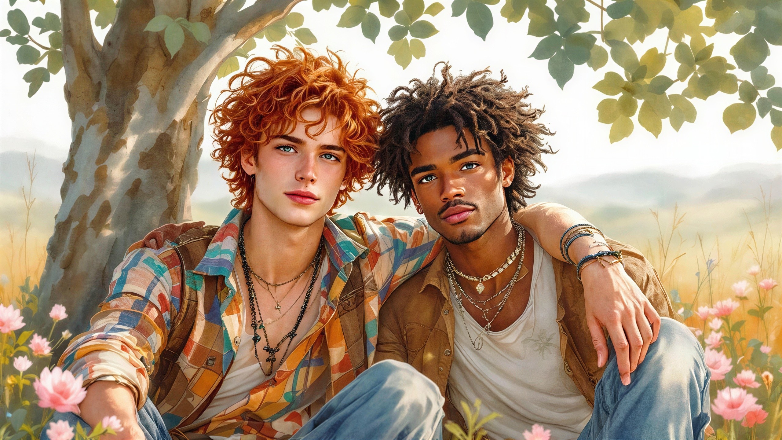 Young Men Sitting Together in a Flower Field