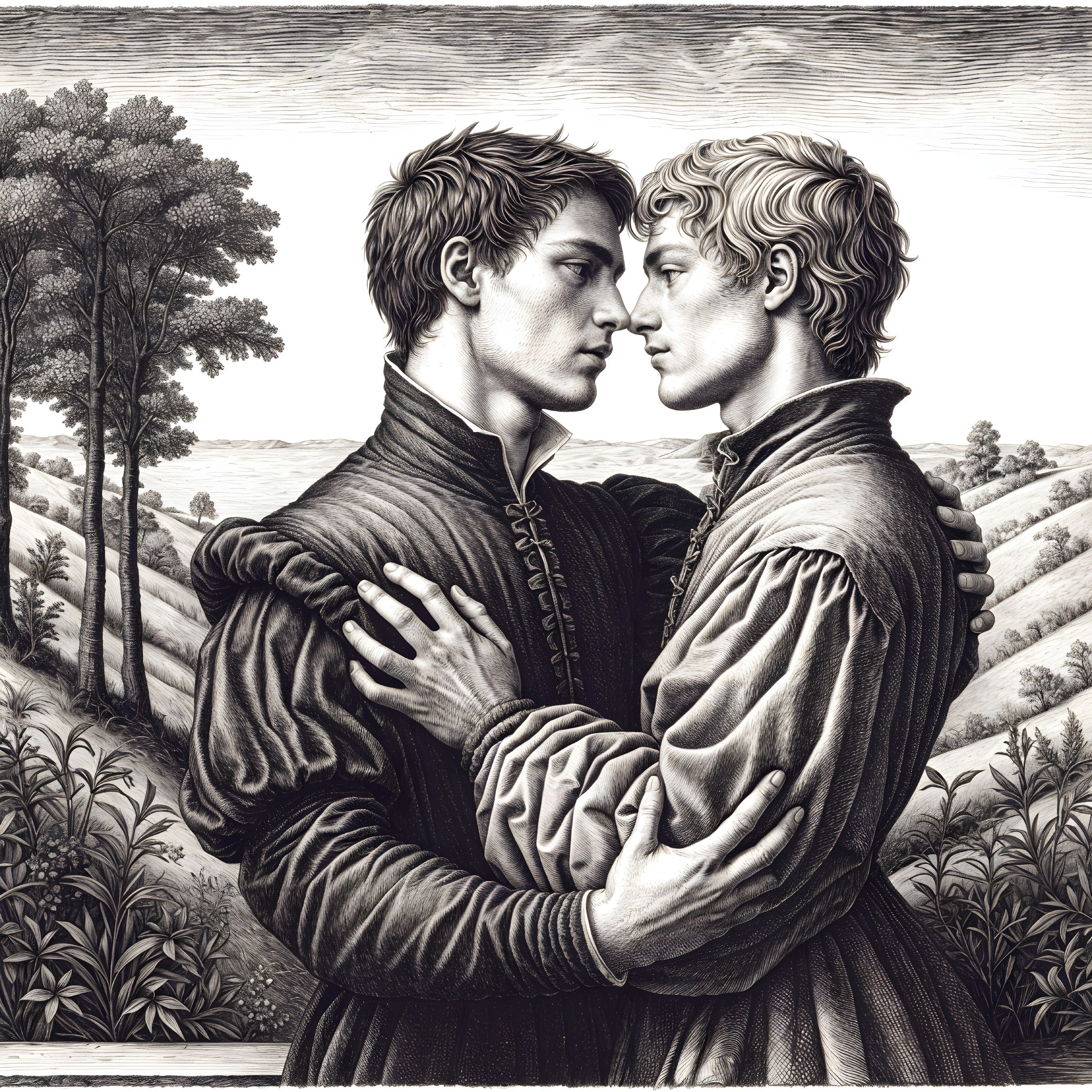 Black and white illustration of two men embracing