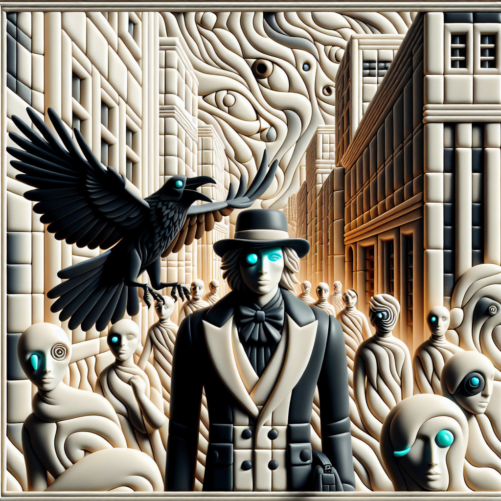 Surreal Cityscape with Man in Suit and Crow