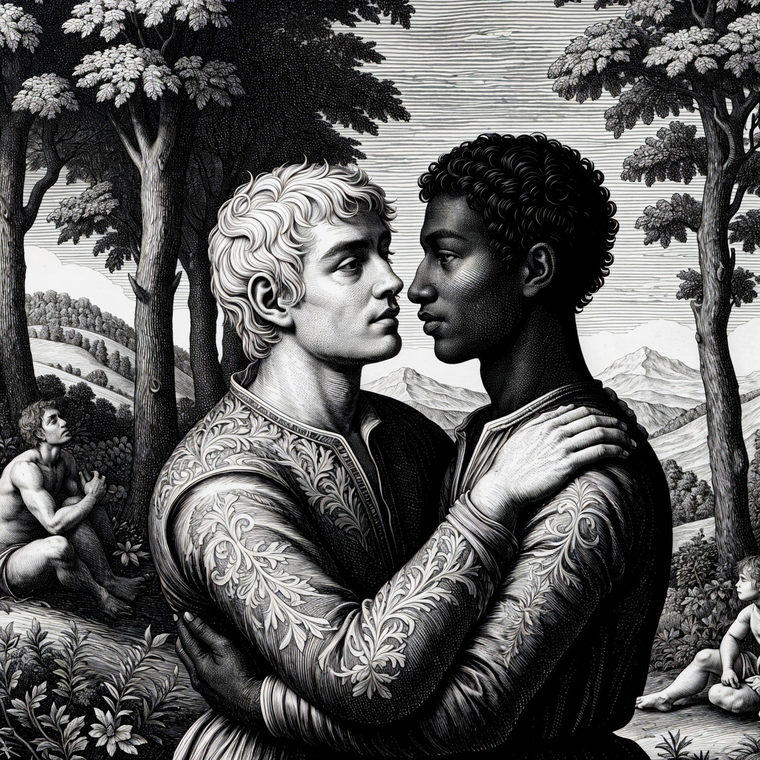 Embracing Male Figures in a Lush Landscape