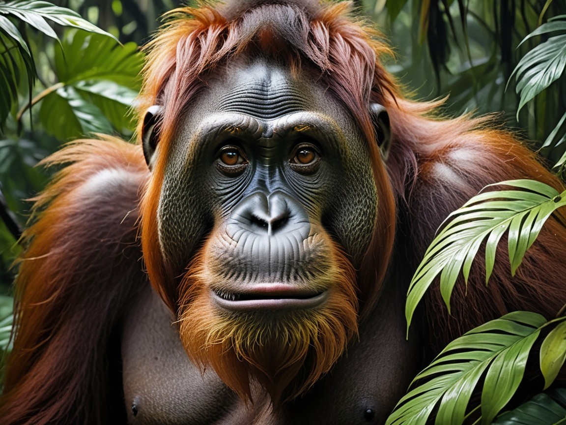 Close-up of an orangutan in lush green habitat