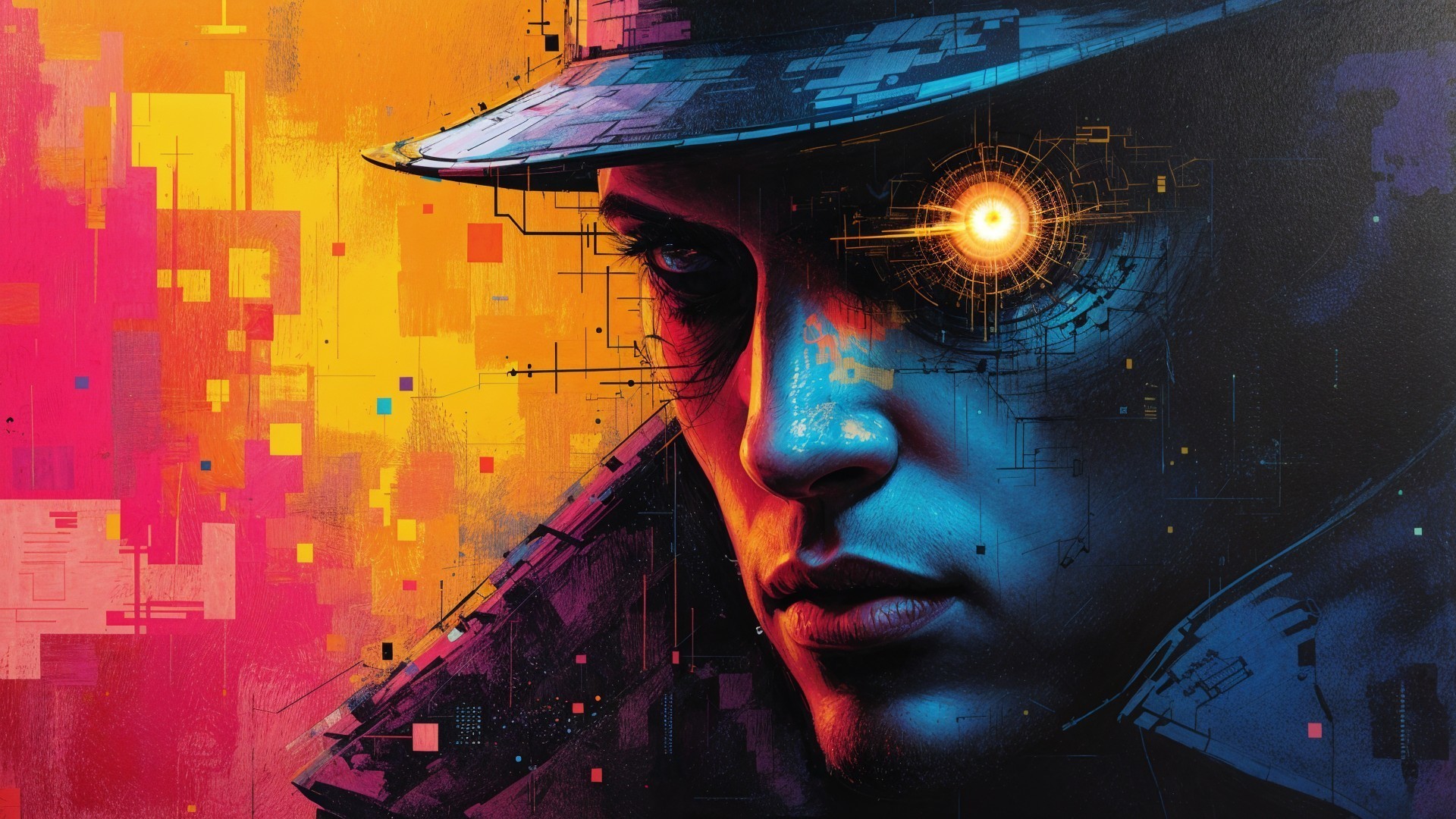 Close-Up of a Cybernetic Detective with Glowing Eye