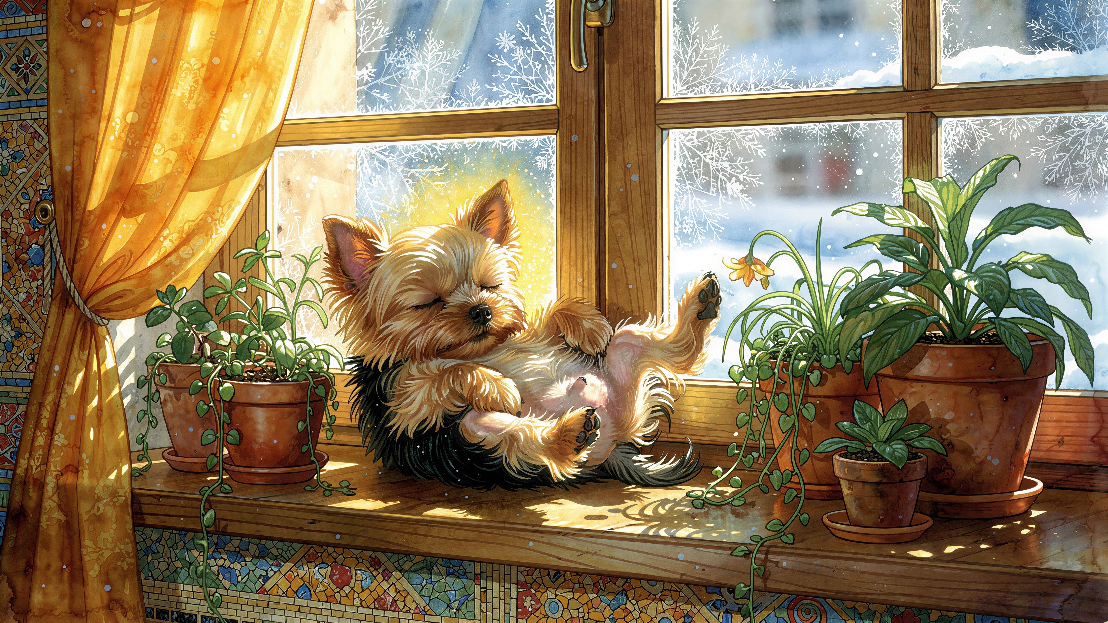 Watercolor Painting of a Sleeping Yorkshire Terrier Puppy