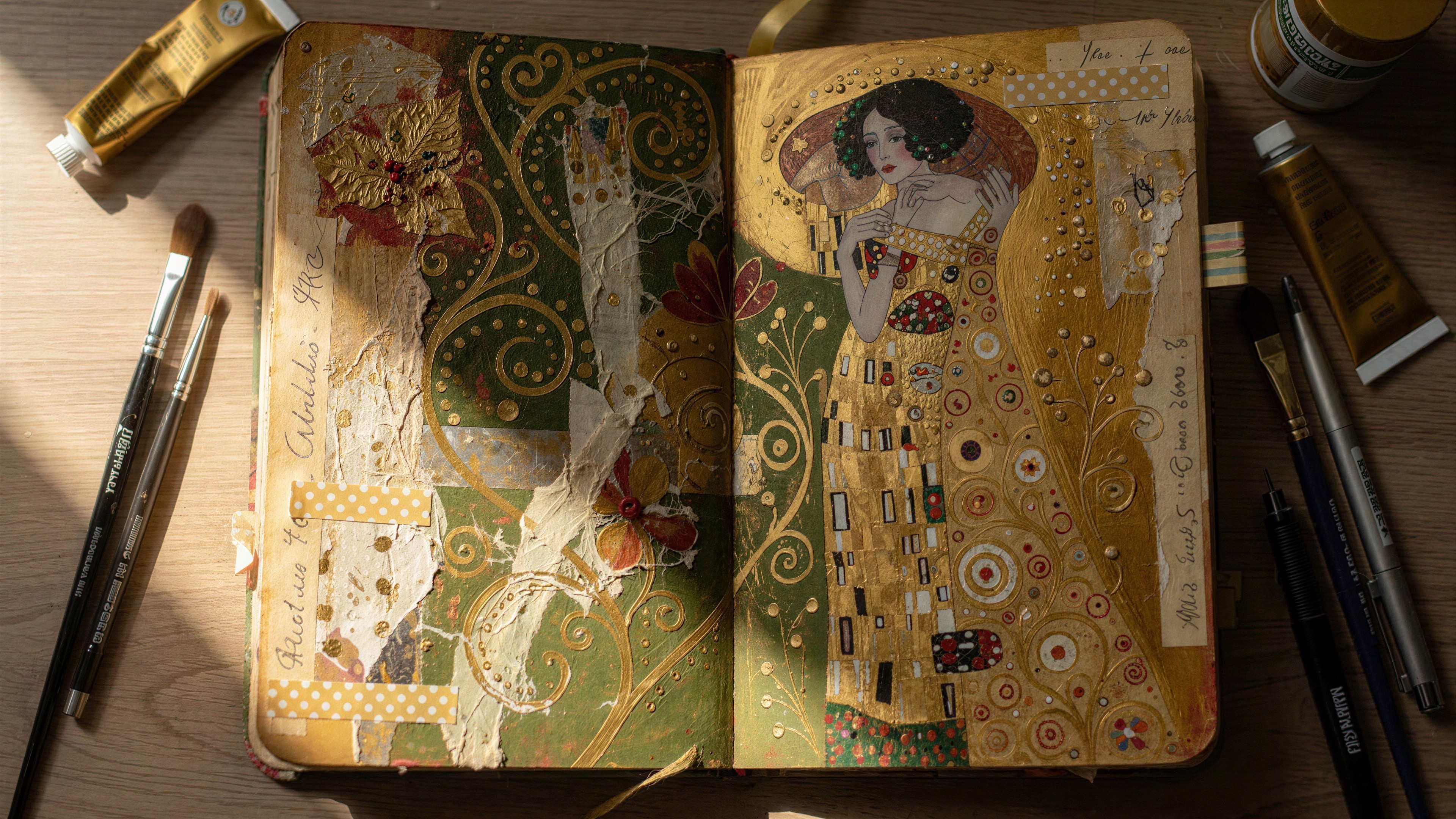 Mixed Media Art Journal with Klimt-Inspired Collage