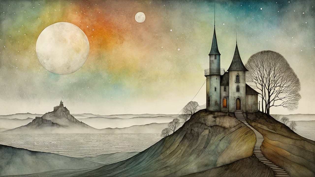 Mystical Landscape with Castle and Celestial Bodies