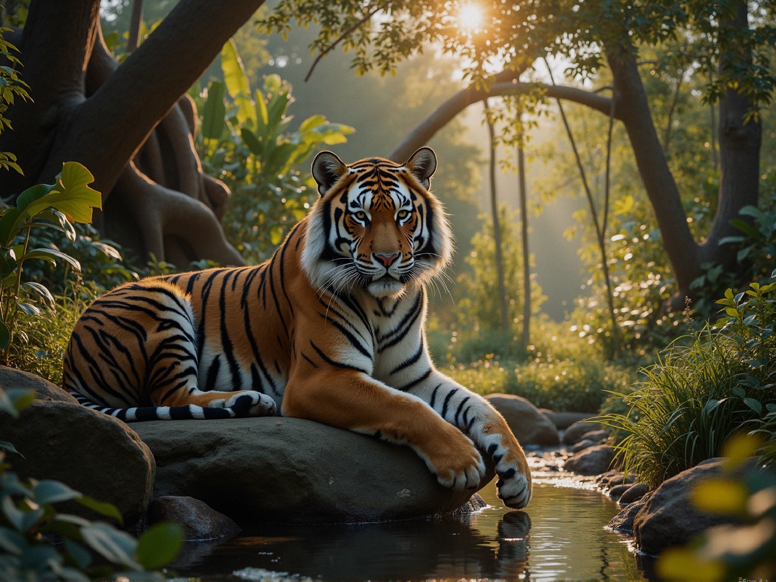 Majestic tiger resting by a tranquil stream in nature