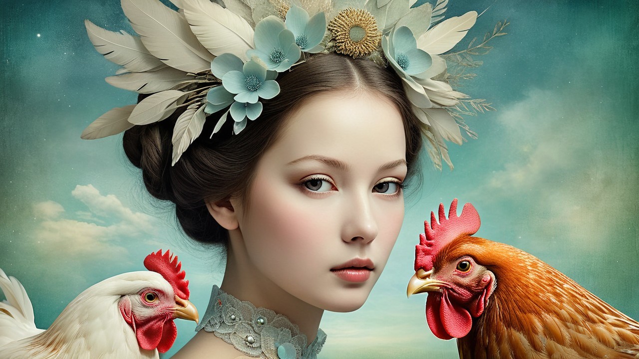 Young Woman with Floral Headpiece and Chickens