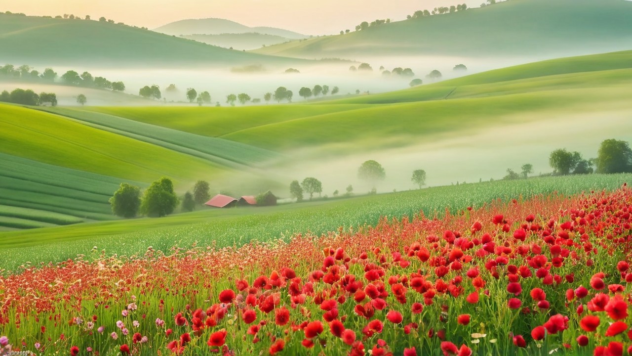 Serene Landscape with Rolling Hills and Red Flowers