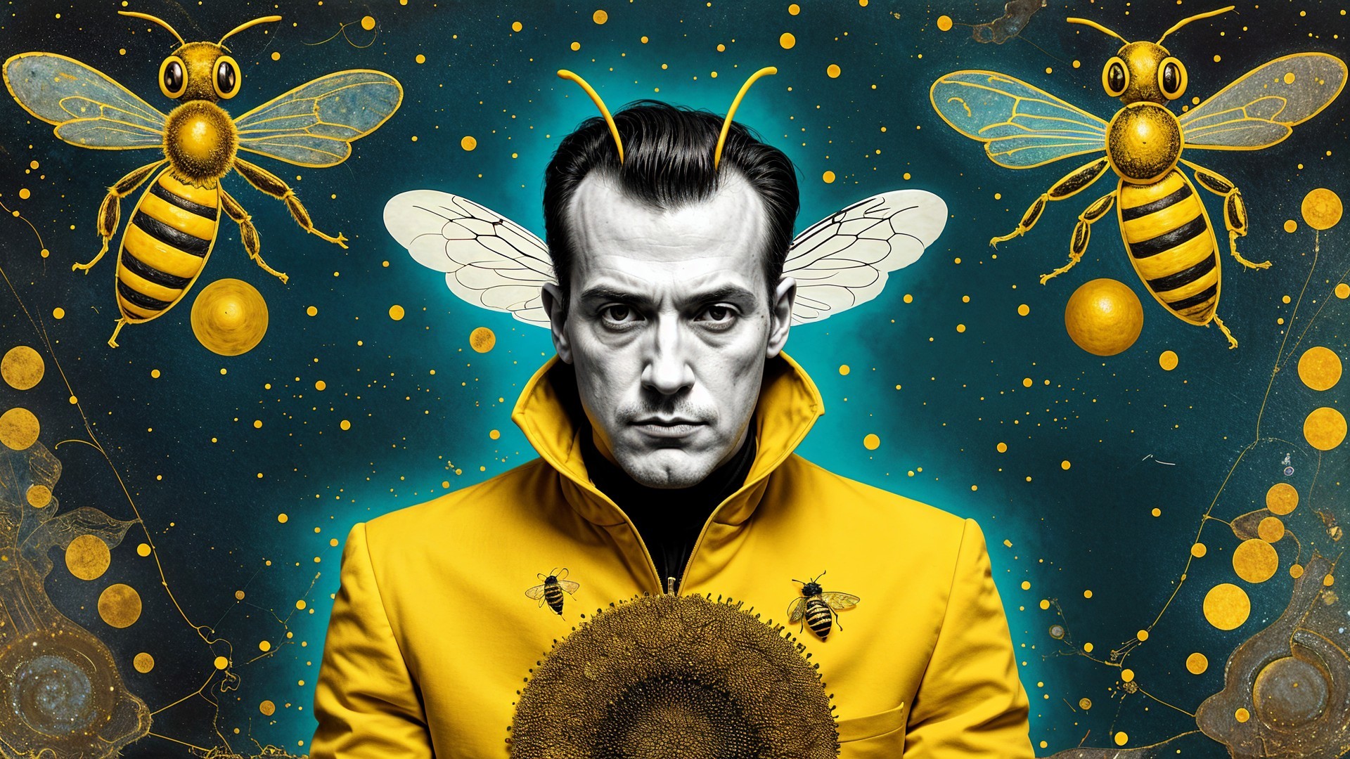 Man in Yellow Jacket with Insect Wings and Bees