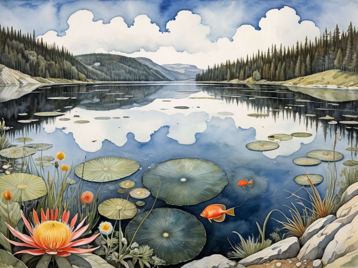 Serene lake with green hills and water lilies