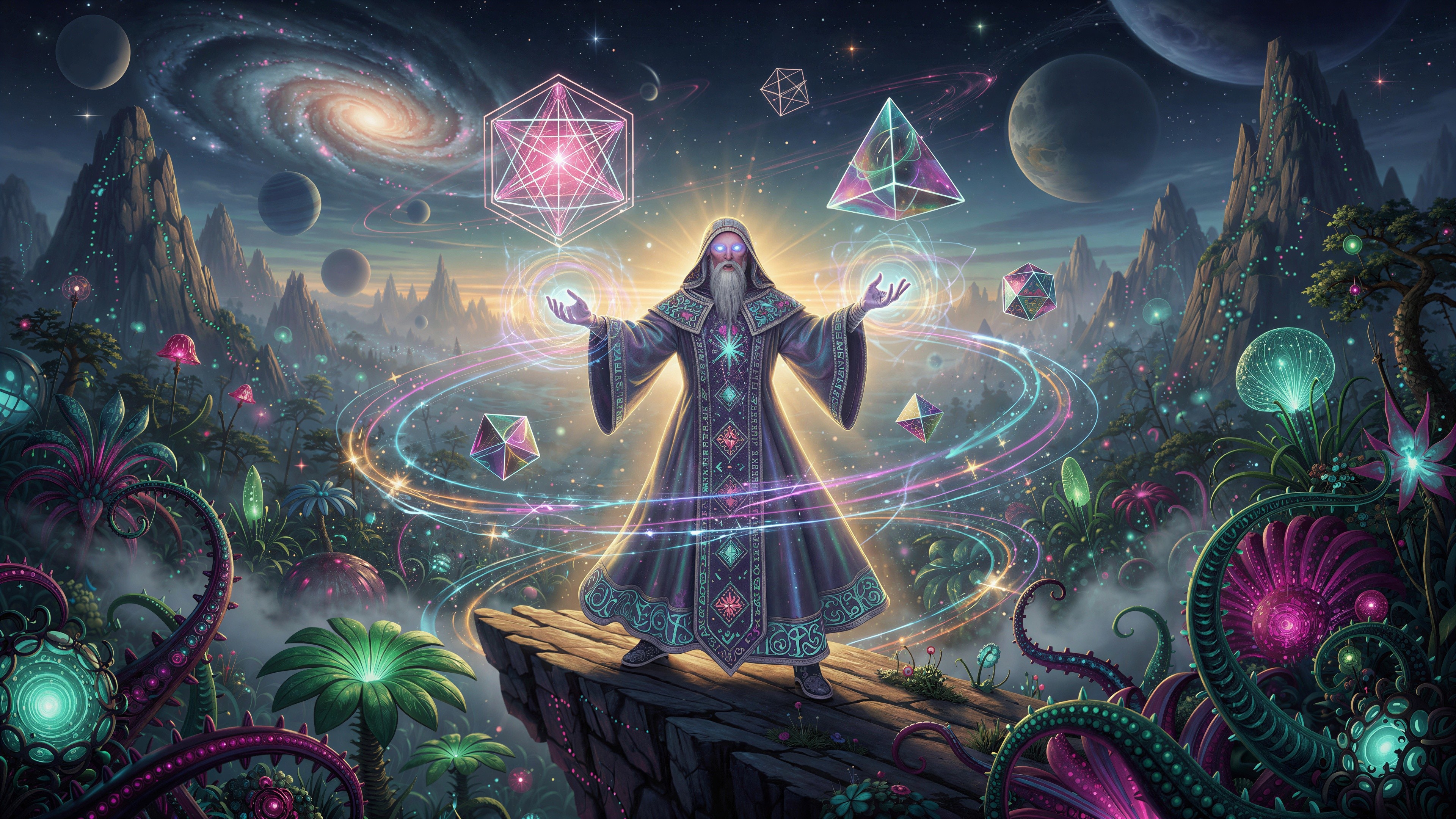 Old wizard casting spell on cliff with cosmic landscape