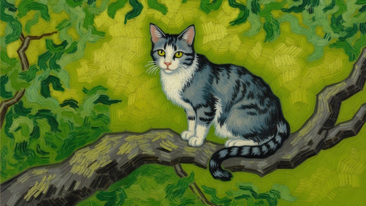 Graceful cat on branch surrounded by green foliage