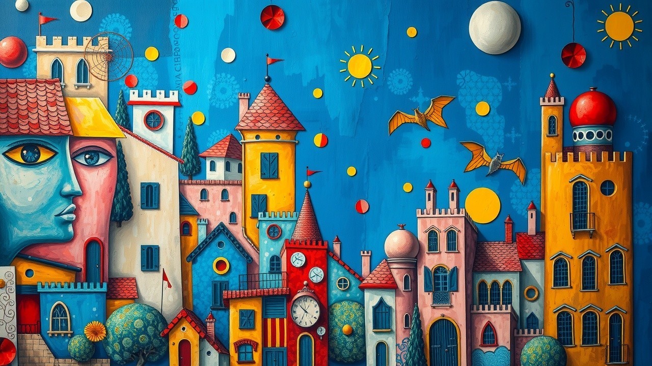 Vibrant Whimsical Landscape with Colorful Architecture