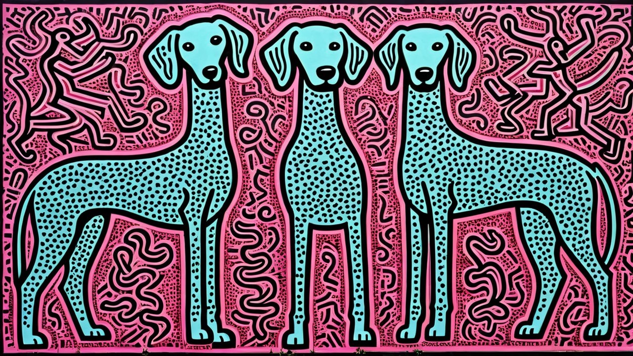 Stylized Dogs in Playful Blue on Pink Background