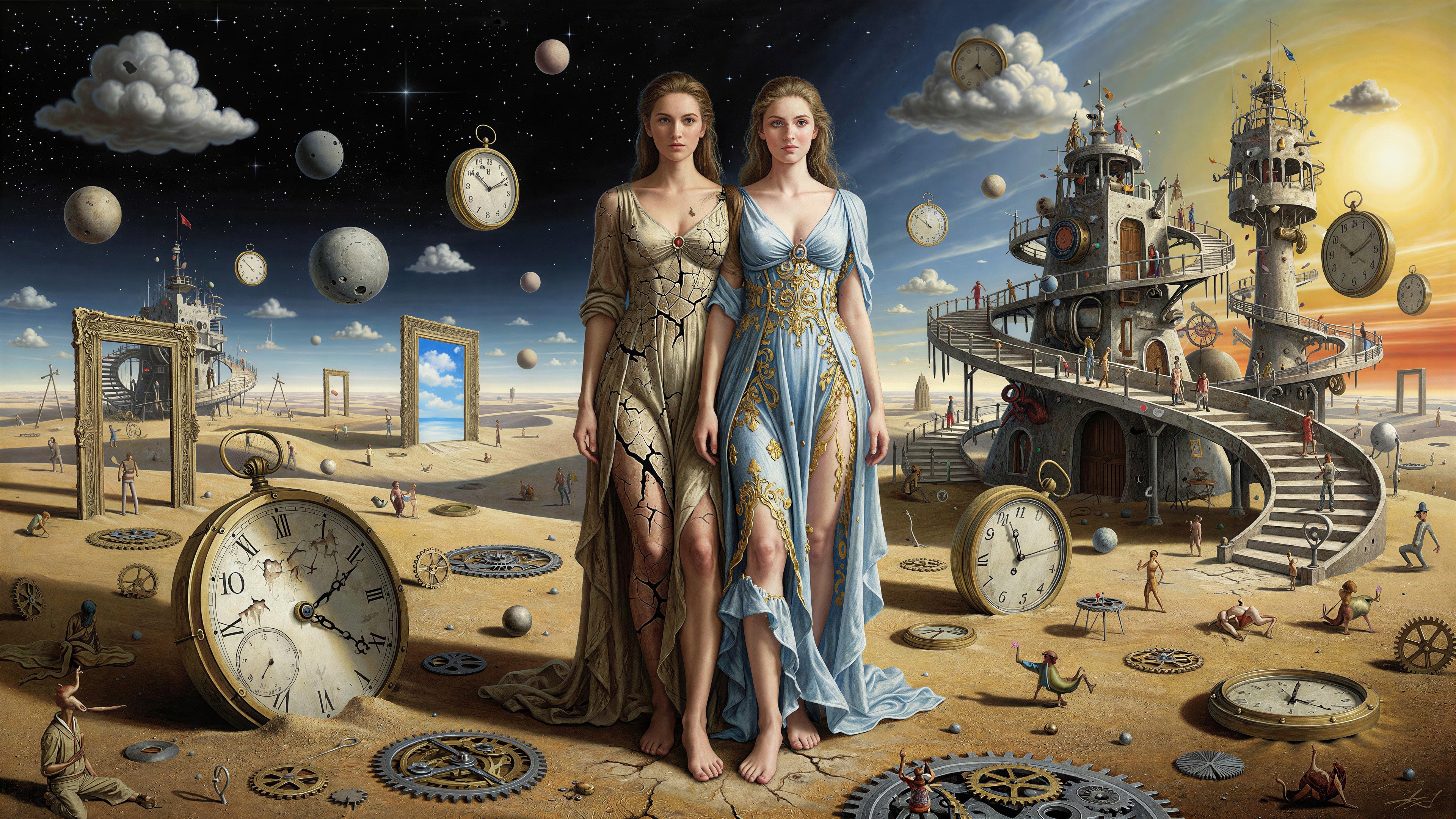 Surreal Oil Painting of Women in Desert with Clocks