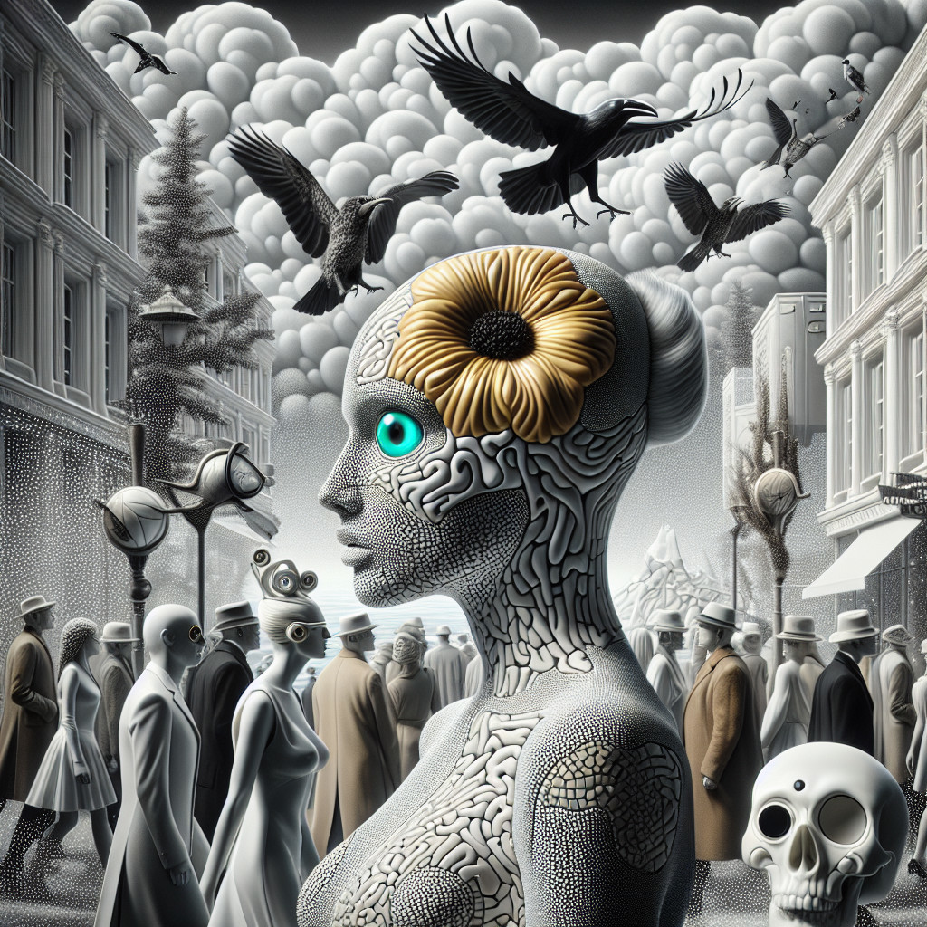 Surreal Urban Scene with Humanoid Figure and Ravens