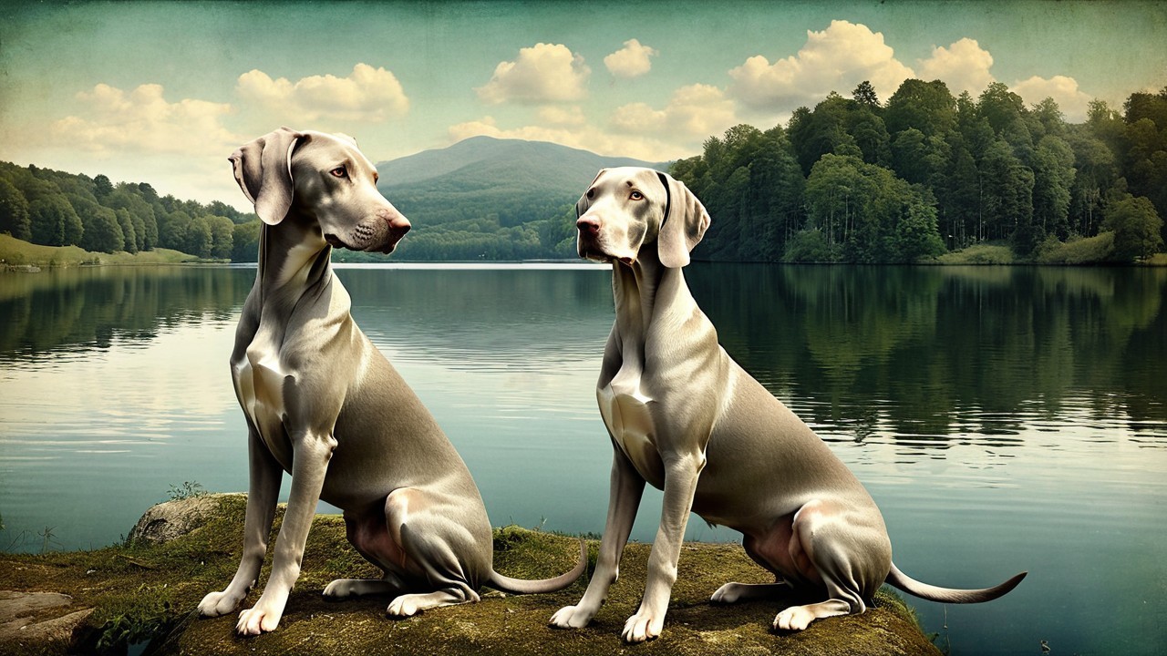 Elegant dogs by a tranquil lake with lush scenery